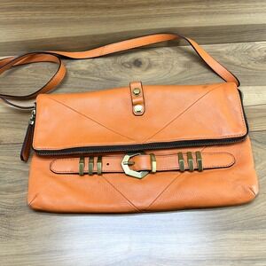 Oryany Orange Leather Flap Clutch Shoulder Bag Convertible